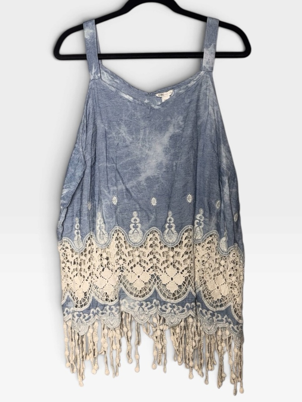 Cato Blue Tie-Dye Camisole with Cream Crochet Fringe